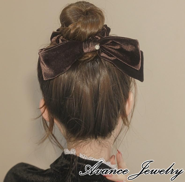 Avance Hair Velvet Hair Cute for Women Accessory, Ribbon, Tie, Scrunchie, Black, Brown, Cream, Adults, (Brown)