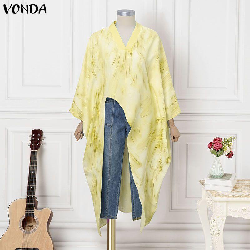 

VONDA Oversized Women V Neck Long Sleeve Floral Print Split Irregular Casual Loose Long Blouse Tops S жовтий