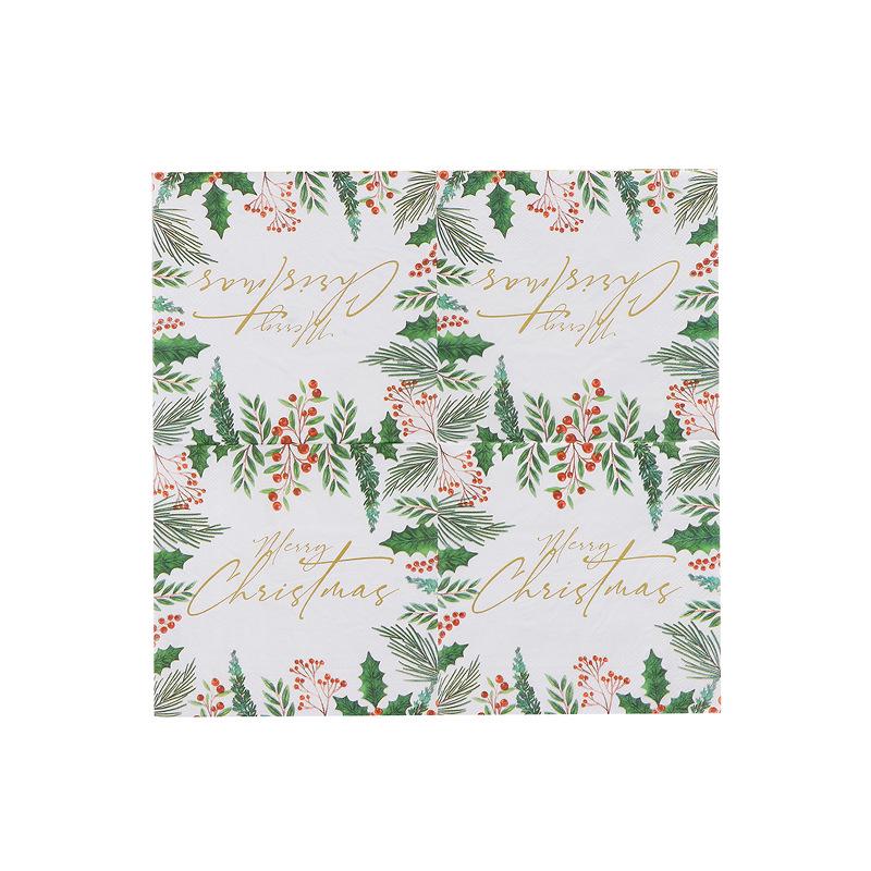 Merry Christmas Green Leaf Paper Napkins - Soy Ink, Virgin Wood Pulp, Food Grade, English Square Design