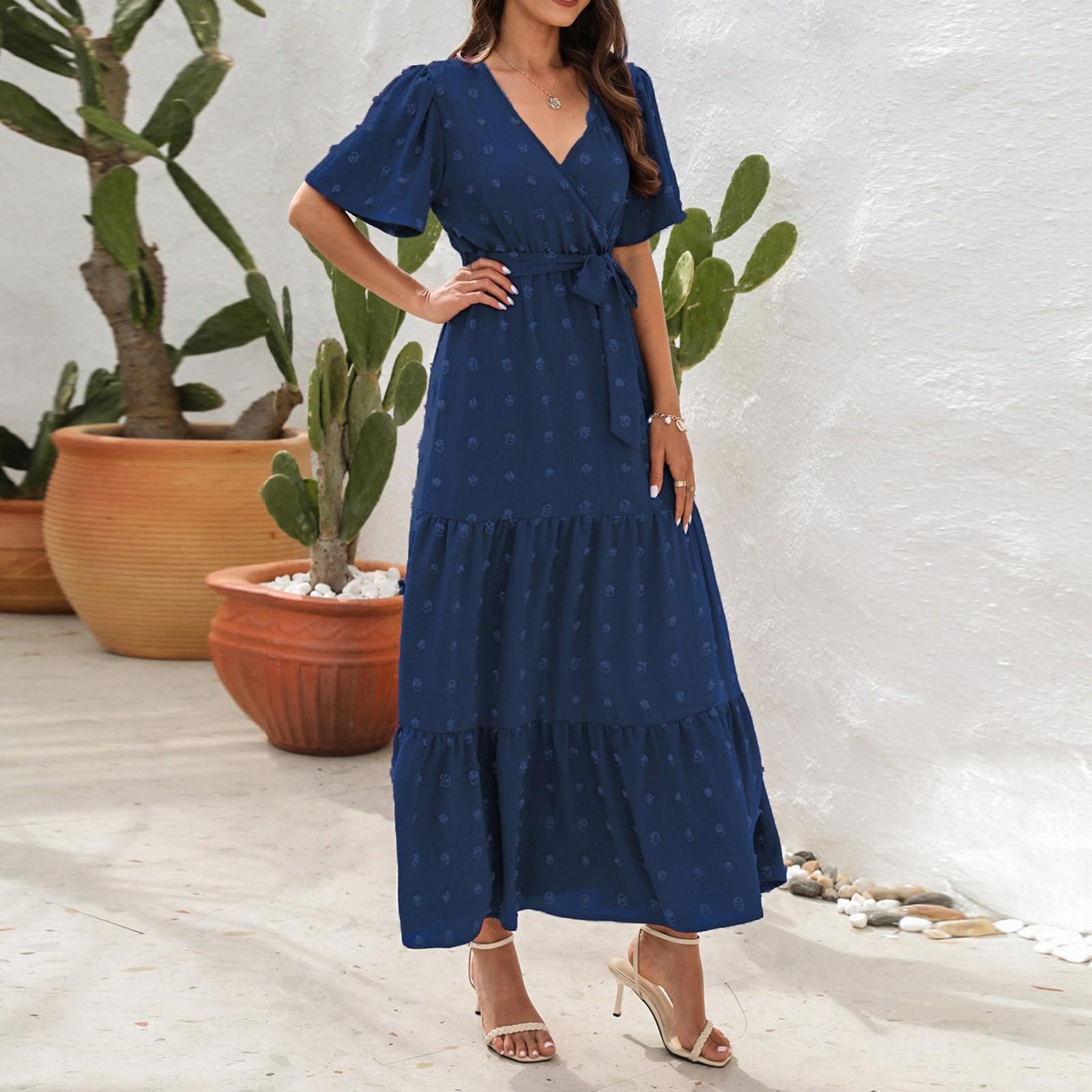 

Женское платье с V-образным вырезом и высокой талией, бальное платье с длинным коротким рукавом, праздничное платье для путешествий L синий