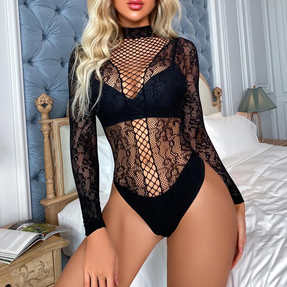 Women Tights Bodystocking Mesh See-Through Hollow Strap Skinny Romper Overalls Nightgown Body Suit Woman Sex Clothes