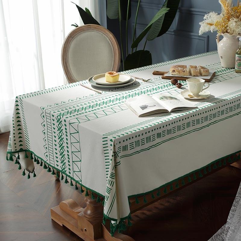 Bohemian Milk White Canvas Geometric Multicolor Printed Rectangular Dining Table Cloth Tassel Tablecloth Birthday Table Decor