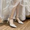 Fashion French Bridal Wedding Shoes New Design Hollow High Heels Pearl Chain Bowknot Sandals for Bride