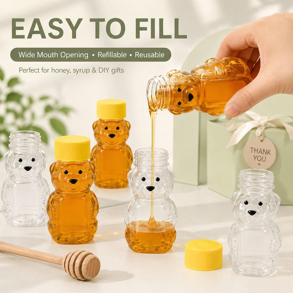 Plastic Transparent Disposable Cartoon Bear Juice Bottle, Small Capacity Dispensing Bottle, 60ml Honey Bottle