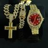 Trendiges Zinklegierung Kreuz Uhr Set Vergoldete Glieder Kette Halskette Armband Hip-Hop Stil Unisex All-Match Schmuck mit