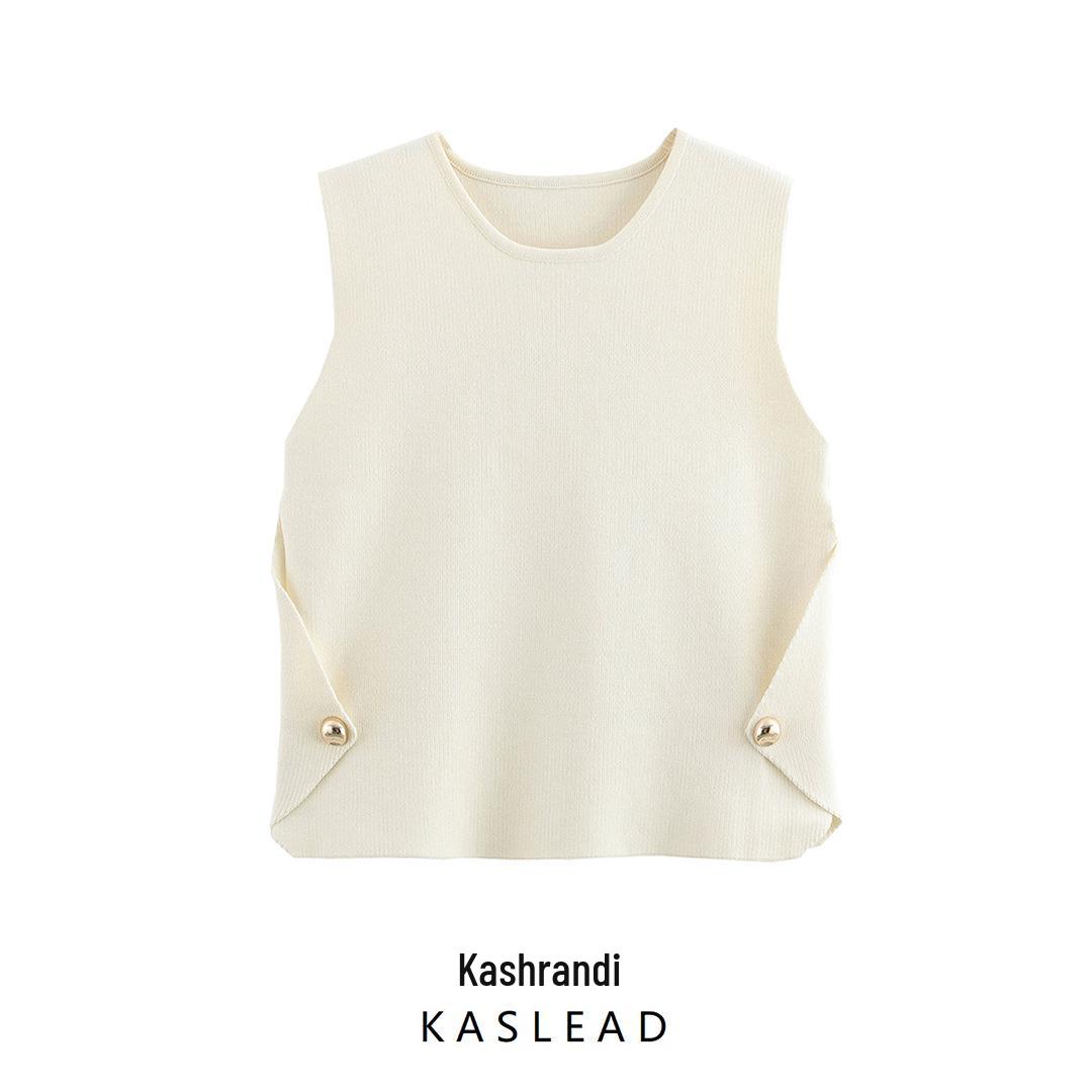 

2024 Winter Women s European & American Style Knitted Vest with Side Button Embellishment Large слоновая кость