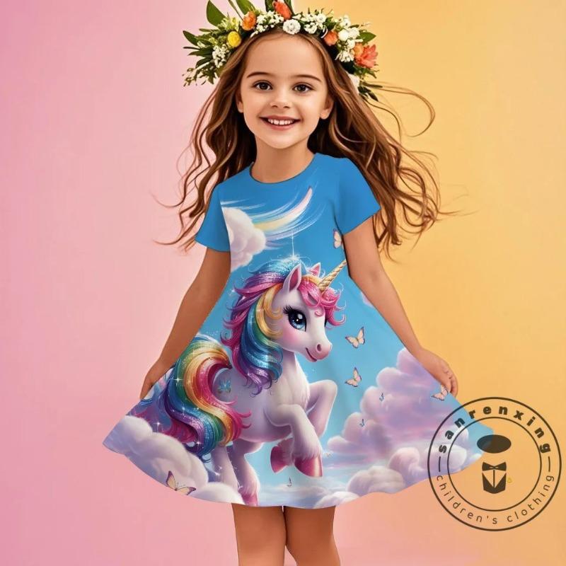 3D Printed Unicorn Short Sleeved Dress Cute Girls' Clothing Children's Party Wear Daily Princess Dress Skin Friendly Breath