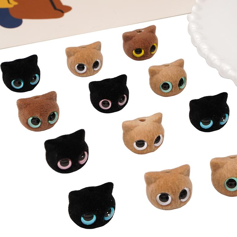 Resin Flocking Beads Cute Cat Head Beads for DIY Bracelet Earring Jewelry Making Accessories