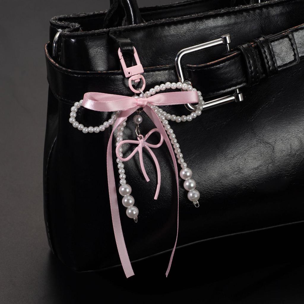 Korean Sweet Faux Pearl & Rhinestone Bow Keychain Charm