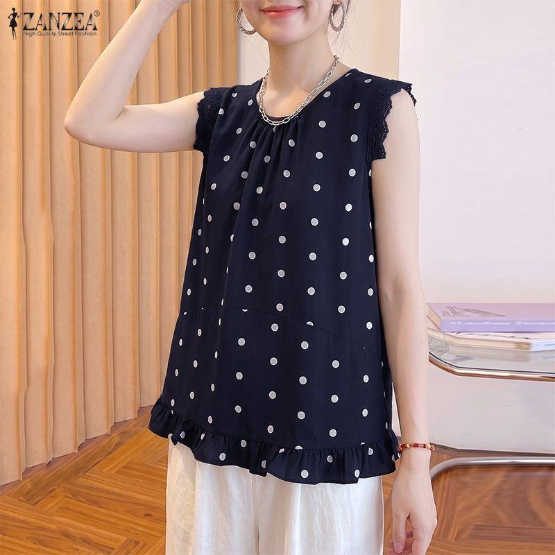 ZANZEA Women Summer Casual Polka Dot Print Loose Sleeveless Tank Tops