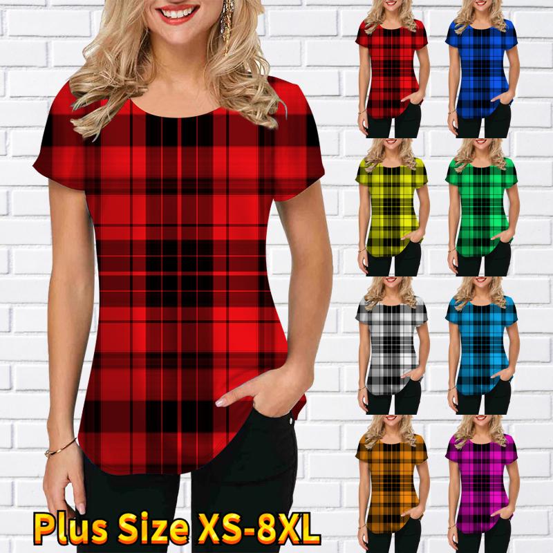 

Женская летняя футболка с решетчатым принтом и короткими рукавами, повседневные топы с принтом