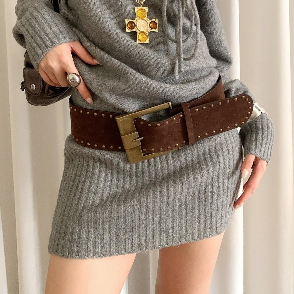 

Y2k Rivet Waist Belt Pin Buckle Ultra-wide Waistband Women Coat Skirt Decoration коричневый