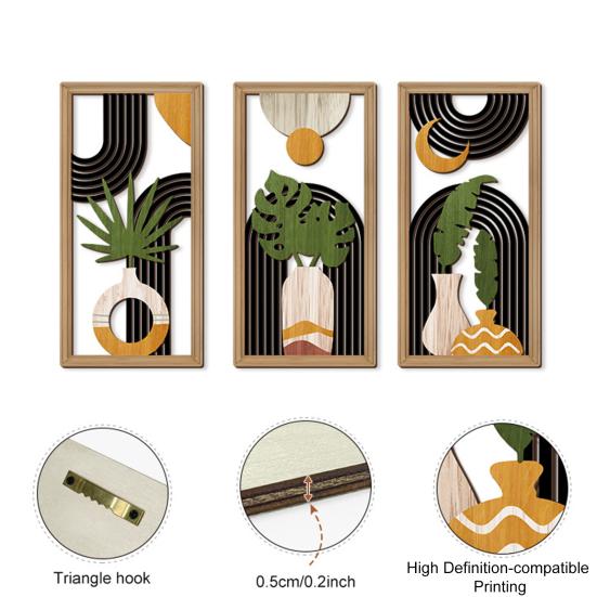 3 Pcs Boho Wood Wall Art Decor Minimalist Plants Geometric Hollow-out Hanging Ornament Abstract Wall Sculptures for Home Living Room Bedroom Kitchen