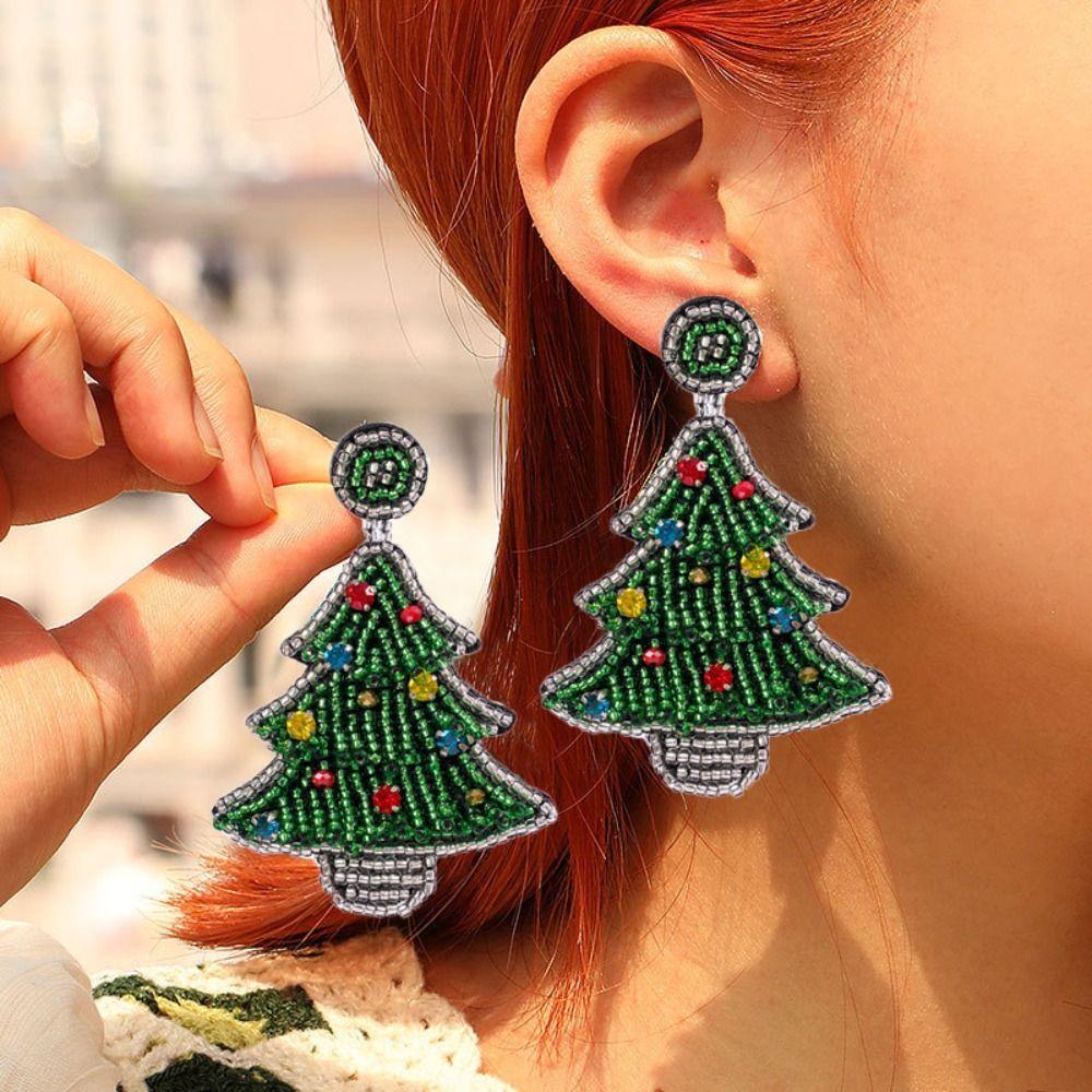 Green Handmade Beaded Ear Drop Bright Rhinestone Christmas Tree Stud Earrings  Girls
