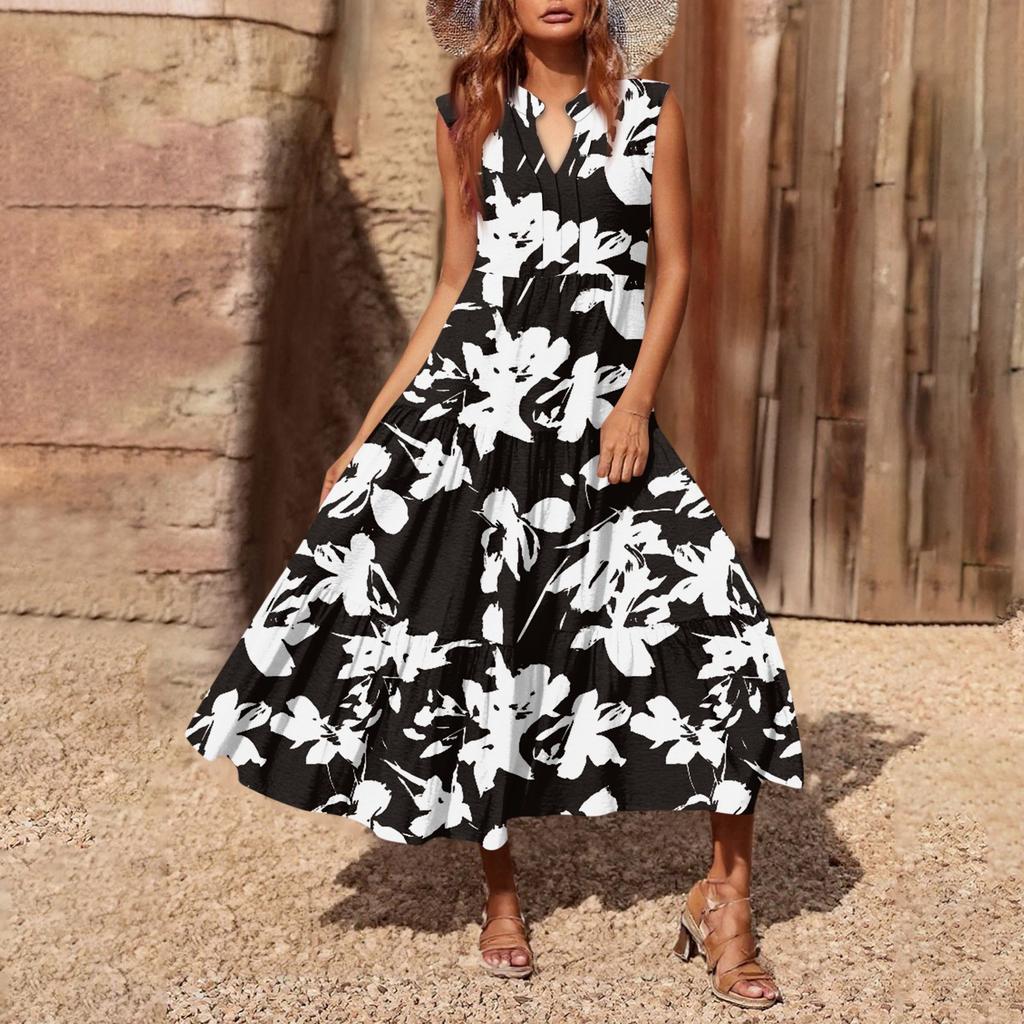 Women's Casual And Fashionable V-neck  Sleeveless Printing Mid Length Dress
