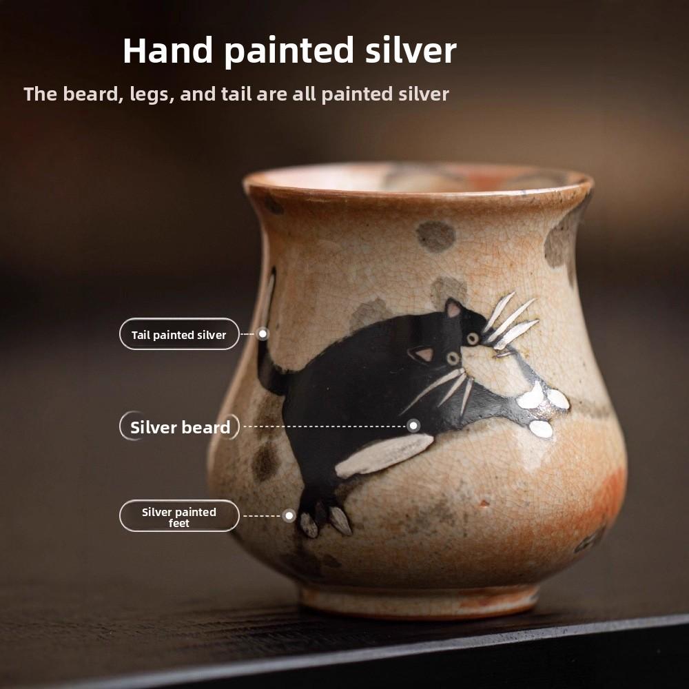 2PCS/Set Japanese Style Ceramic Tea Cup Hand Painted Silver Cat Dragon Egg Tea Set for Gongfu Tea Home Use Collection