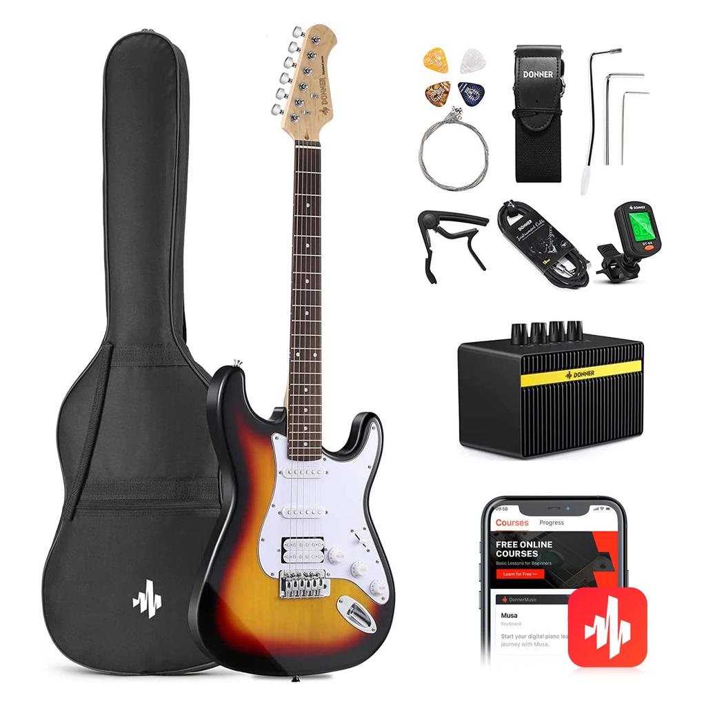 Donner DST-100S Electric Guitar Beginner Set, ST Type, SSH Pickup Array, 39-inch Full-Size Poplar Wood, Sunburst Finish, with Mini Amp, Case, Tuner,