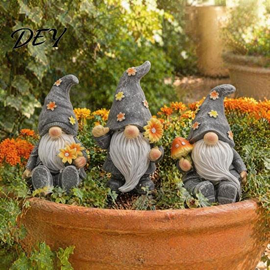 Decorative Yard Sculptures Halloween Garden Gnome Figurine, Vintage Flower Mushroom Elf Dwarf Statue Handmade Resin Statues for Patio Yard, Waterproof