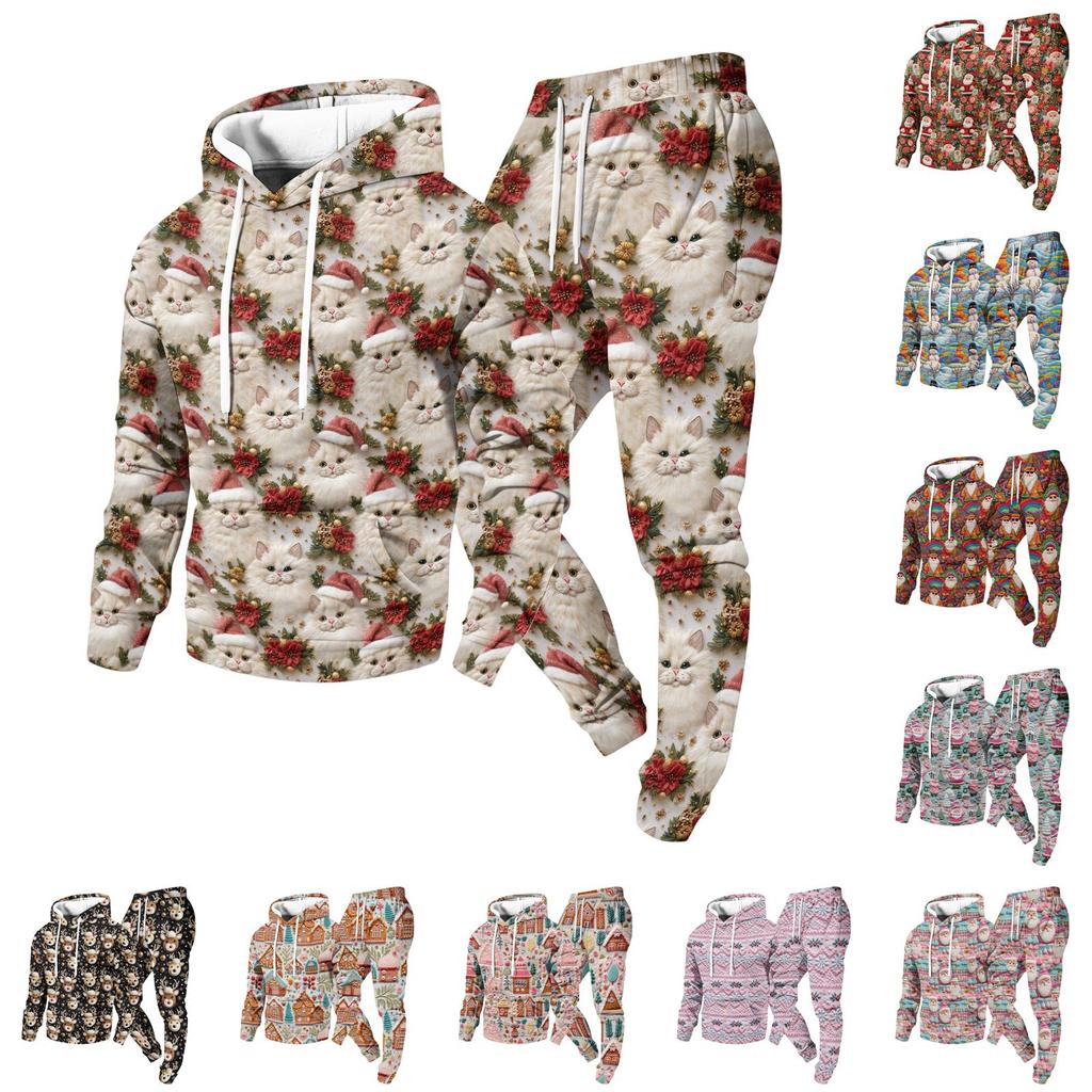Men's Christmas Print Hoodie and Straight Leg Sweatpants 2 Piece Casual Outfit