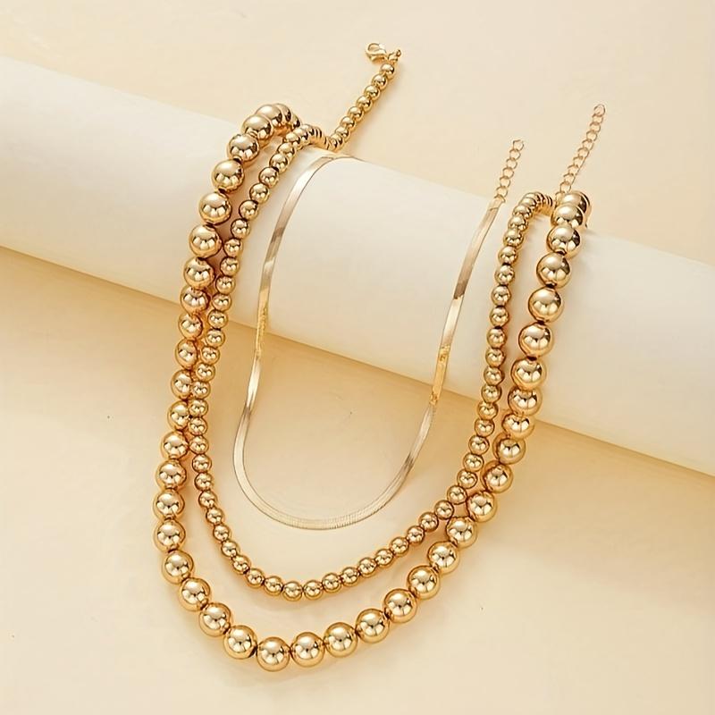 3PC Multilayer Flat Snake Chain Necklace Women Vintage Beads Golden Beaded Necklaces Girls Party Fashion Zircon