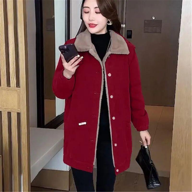 Fleece Lined Jacket Women's Winter Loose Coat Mid-Length Jacket for Mature Women
