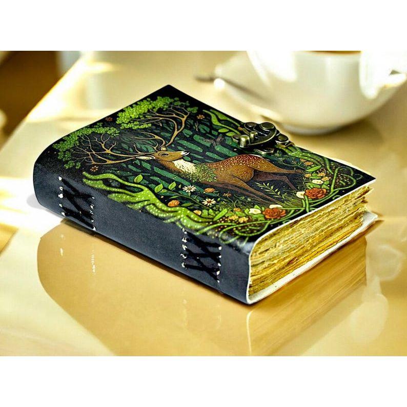 Vintage Leather Journal: Deer Print, Deckle Edge Paper, Book of Shadows
