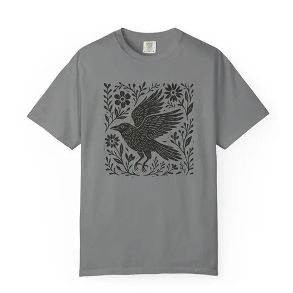 Retro Folklore Waldkrähe Linolschnitt Hemd Volkskunst Linolschnitt Krähe T-Shirt Kurzarm Baumwolle Unisex Y2K Lässiges Oberteil Streetwear