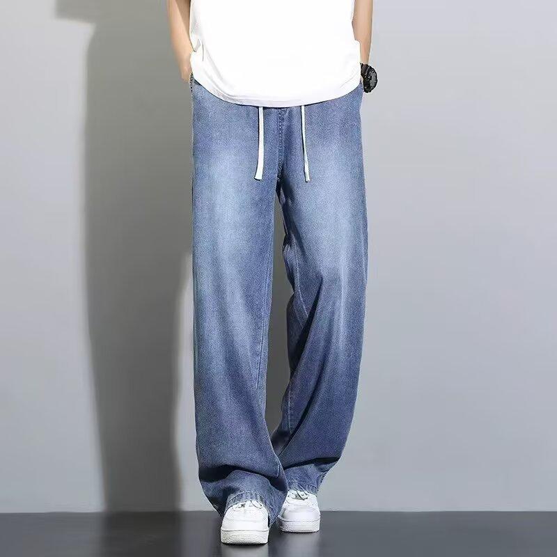 Light-colored soft jeans men's summer thin ice silk teen high school students elastic waist ironless boys summer pants