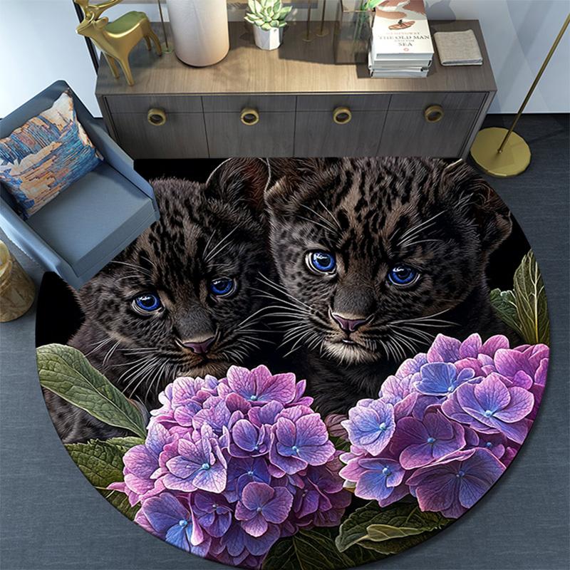 Runder Teppich mit Leopardenbabys, Teppich für Wohnzimmer, Schlafzimmer, Sofa, Spielzimmer Dekoration, rutschfeste Fußmatte