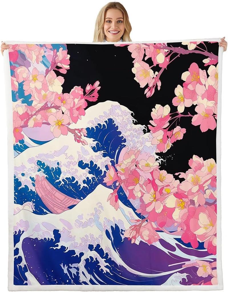 GUOYU Decke Japanische Stil Decken und Überwürfe Kran und Sonne Decke Überwurf für Kinder Erwachsene Kirschblüte Fleece-Decke Orientalische Malerei