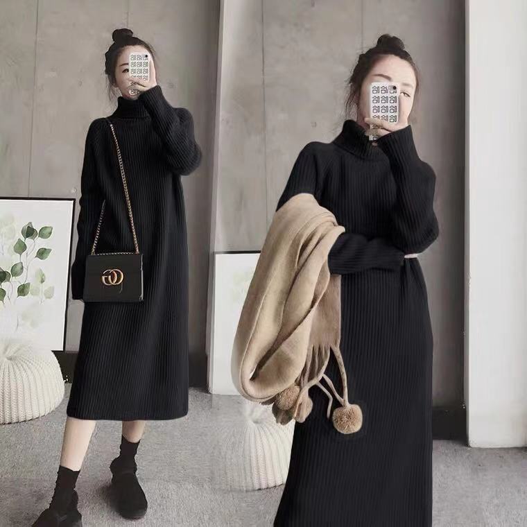 Medium and Long Turtleneck Sweater Skirt Women's Thickened Autumn and Winter Loose Bottoming Knitted Dress with Pullover Inside
