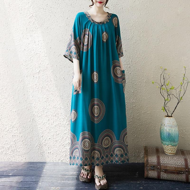 Krátký rukáv Plus size Bavlněné vintage květinové nové šaty pro ženy ležérní volné dlouhé letní šaty