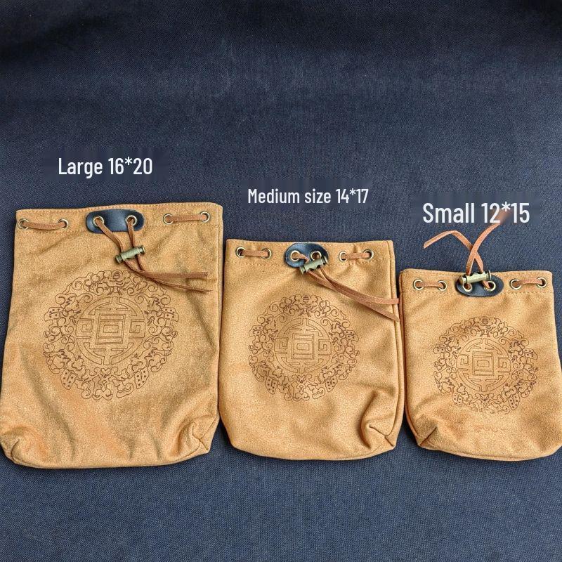 Suede Drawstring Bag, Antique Play Bag, Glove, Bead Polishing Bag, Red Sandalwood Star & Moon, Coconut Shell, Patina, Drawstring Closure.