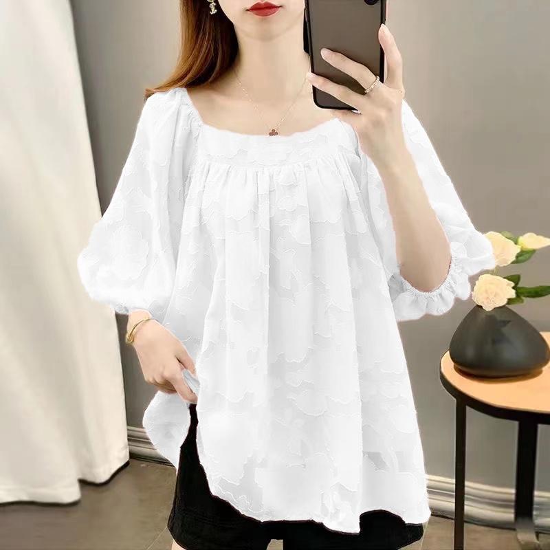 Camicia Estiva Trendy Taglie Forti Chiffon Top Manica Corta Manica a Bolla Larga Nasconde Pancia Fluido