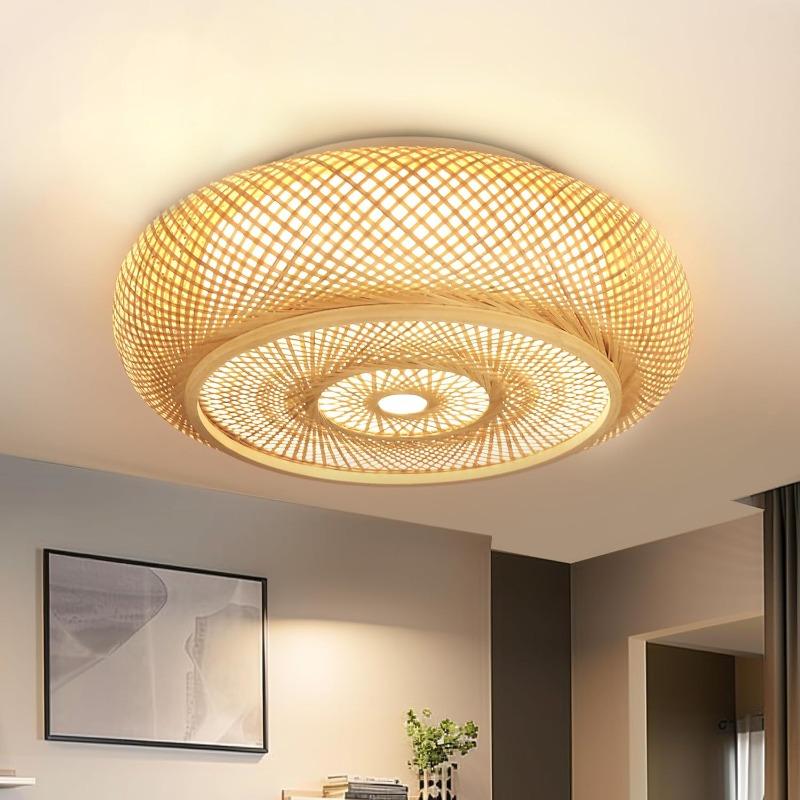Bamboo Woven Rattan Ceiling Light Boho Hanging Pendant Lamp Flush Moun Light Fixture for Bedroom Living Room Dining Room Light