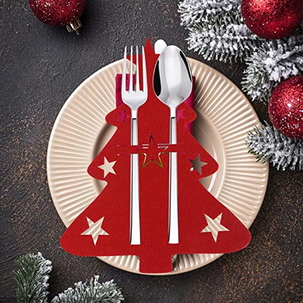 12pcs Christmas Cutlery Holders, Christmas Tree Shaped Felt Spoon and Fork Holder, Xmas New Year Thanksgiving Dining Decoration