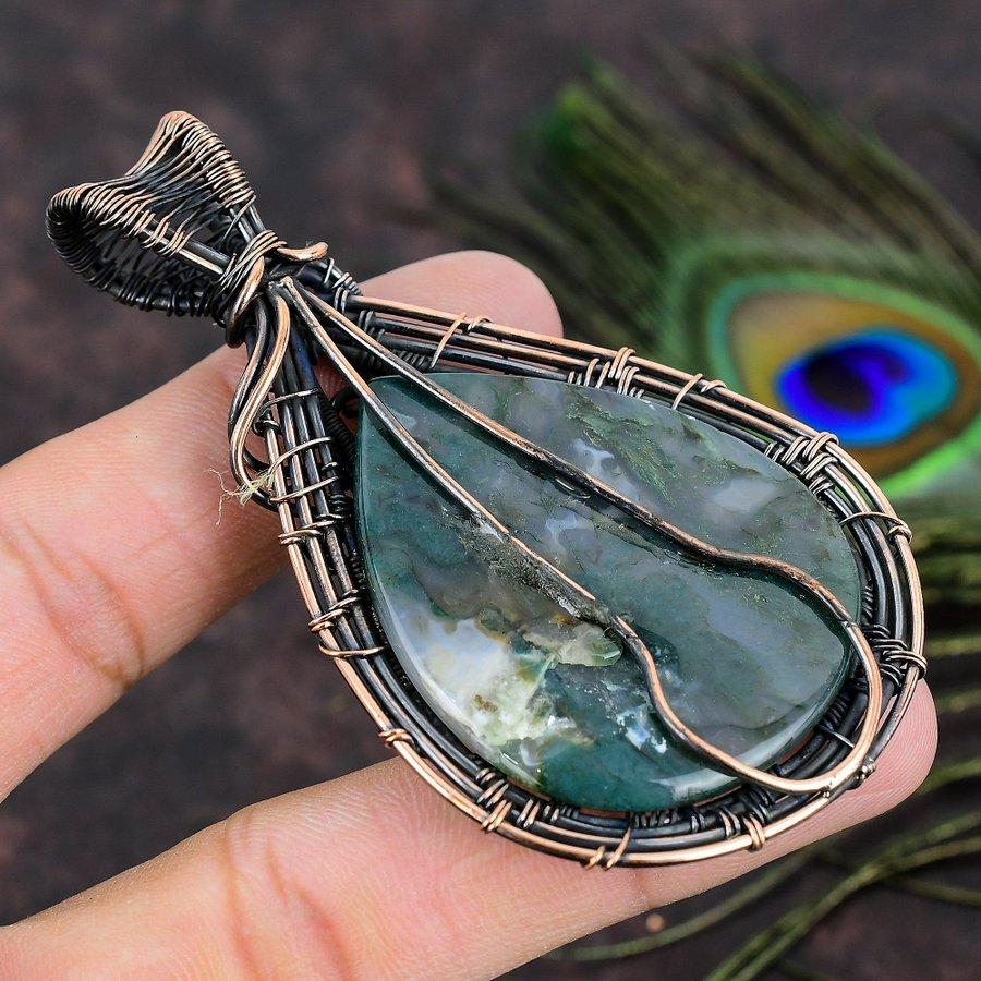 Natural Indian Moss Agate Gemstone Copper Wire Wrap Gift Pendant 3.35 Z3R27