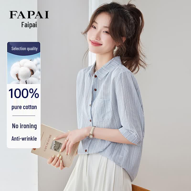FAPAI Women s Pure Cotton Loose Fit Short Sleeve Shirt L