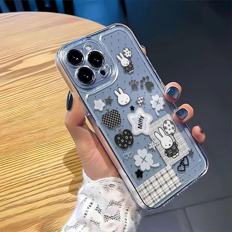 Black Apple Miffy Rabbit Transparent Space Phone Case for Apple 17/16/15/13 Pro Max, 12/11.