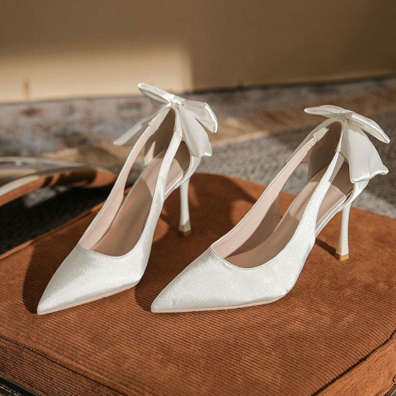 2024 Spring And Summer New White Pointy High Heels Ladies Thin Heel Single Shoes Butterfly Wedding Shoes Small Bride Shoes