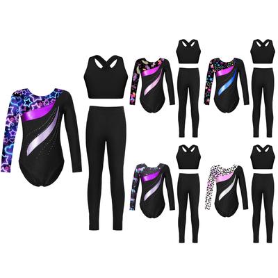 Metallic Patchwork Gymnastics Set for Girls 3-Piece Long Sleeve Leotard with Vest & Leggings Training Outfit