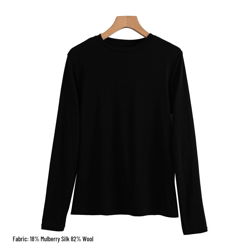 2025 Autumn Slimming Round Neck Silk Wool T-Shirt - Warm, Skin-Friendly, Solid Color