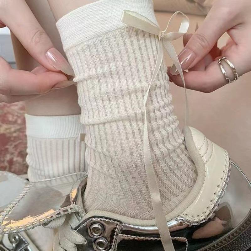 Autumn Ribbon Bow Socks, Women's Ballet-style Calf Socks, Sweet Pile Socks, College Style Thigh-high Socks