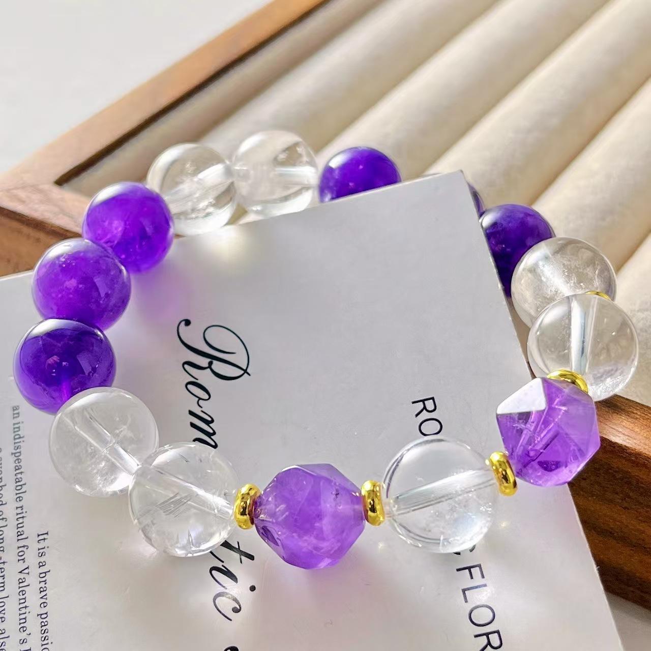 Vintage 12Mm Natural Amethyst White Crystal Design Bracelet Bracelet