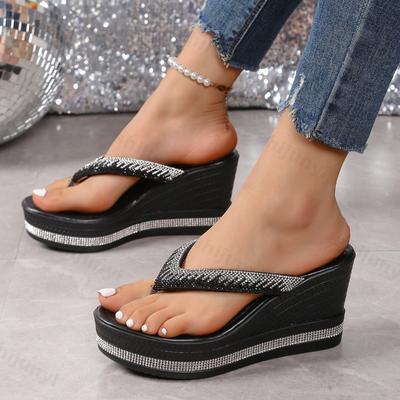 Modisches Strass-Design Modische lässige Keilabsatz-Flip-Flops für Damen 2025 Sommer Neu Elegant Bequem Dick besohlte Strandschuhe
