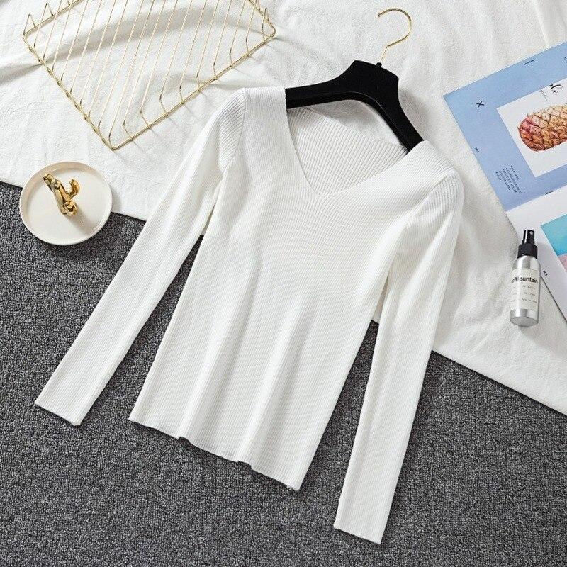 

Осенний вязаный пуловер, женский свитер с длинным рукавом и v-образным вырезом, тонкий вязаный джемпер, свитера, повседневная зимняя одежда, женская 16214 OneSize белый