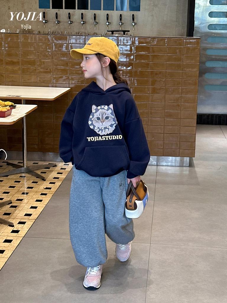 YOJIA Winter 2025 Girls' Cartoon Fleece-Lined Hoodie - Warm Sweatshirt for Little Girls