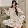 ins style girlish pajamas women's spring and autumn long-sleeved sweet bow full print casual loungewear set