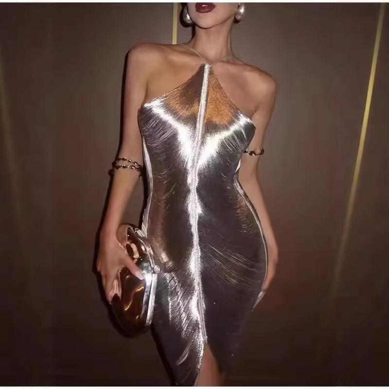 Women Metallic Halter Midi Dress Sleeveless Bodycon Split Party Club Evening Dress