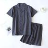 Spring Summer Men's Pajamas Short Sleeved Top and Pants Washed Cotton Simple Plaid Home Service Suit Pantalon Pijama Hombre